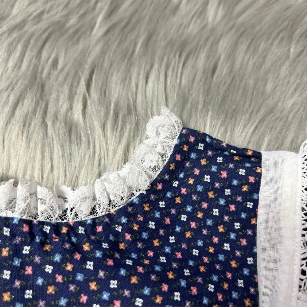 Vintage Winnie The Pooh Brand Girls Navy Pink White Lace Pinafore Dress
